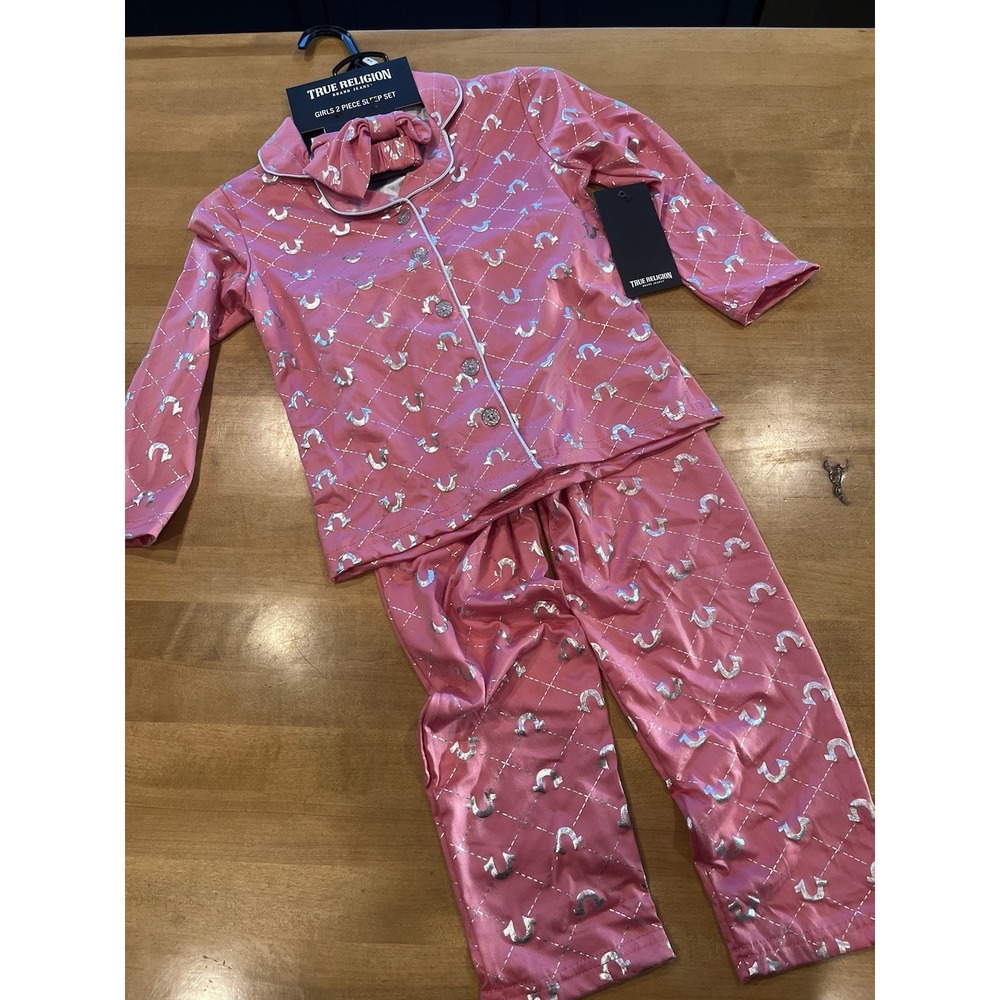 NWT Toddler Girl True Religion‎ Pajama Sz 3T Pink Set Horseshoe Headband